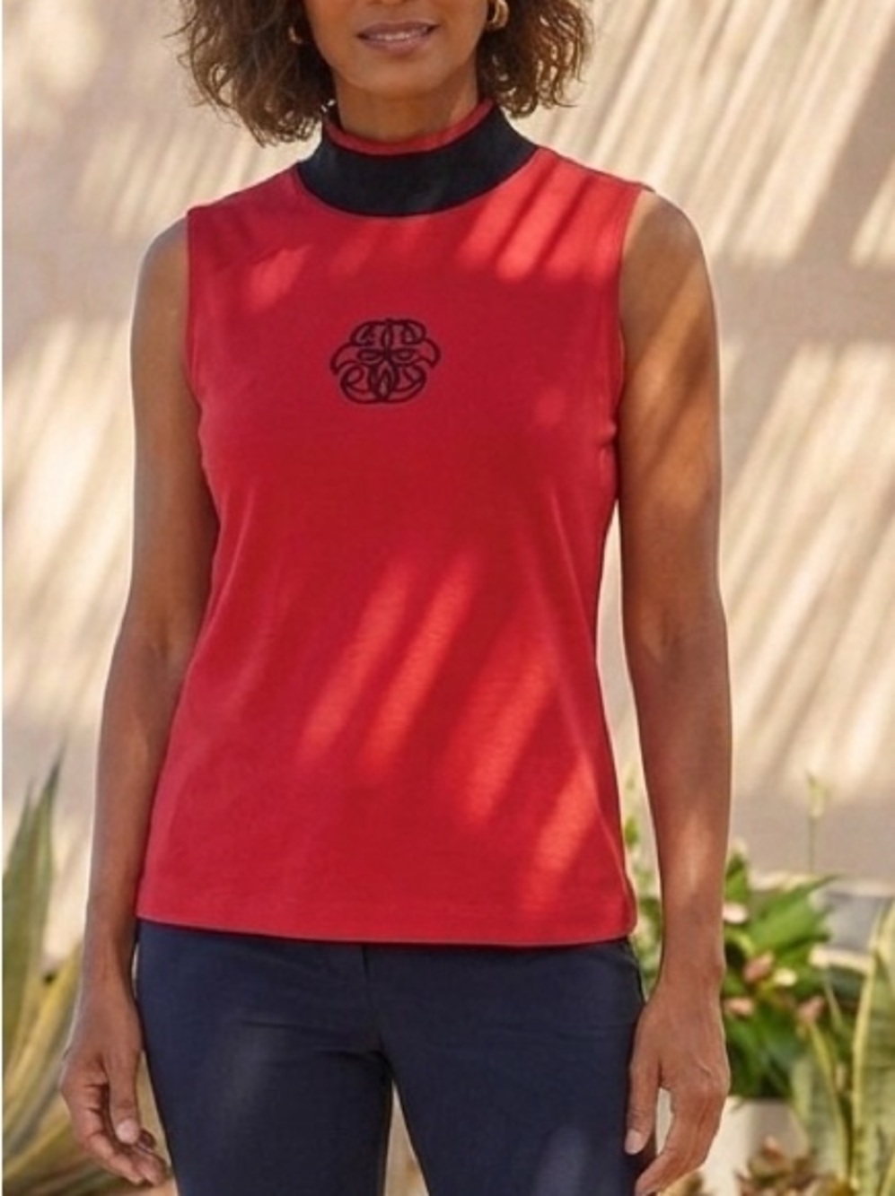 Sleeveless Red Mock Neck Tank with Black Logo